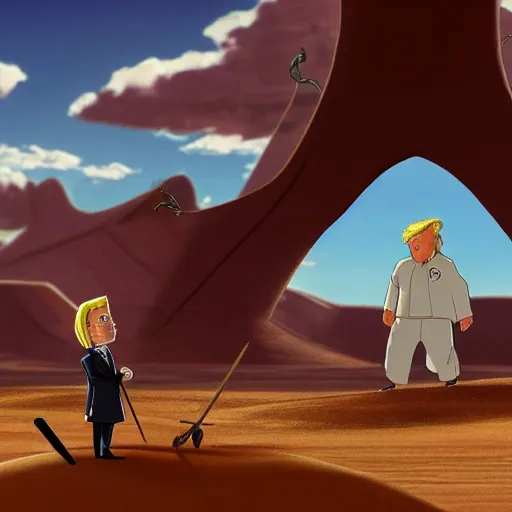 Prompt: cinematic shot of Donald Trump and Big Chungus having a sword fight in the sky in a desert, 8k, anime, highly detailed, highly intricate,