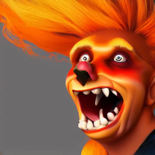 Prompt: a scary Disney character, fire hair, 4K, hyper realism