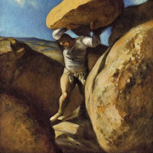 Prompt: a painting of benjamin netanyahu as sisyphus, carrying large boulder up a mountain, by franz stuck