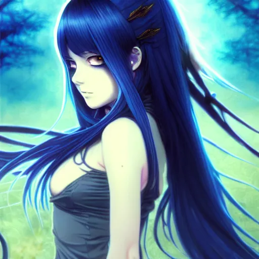 Image similar to attractive long blue - haired girl with bangs gothic anime character with amber eye color gold, fantasy, screenshot, anime, sharp focus, intricate, illustration, cell shaded, digital painting, highly detailed, concept art, matte, art by ilya kuvshinov and kyoto animation and wlop, and greg rutkowski, studio quality, james jean, artem demura