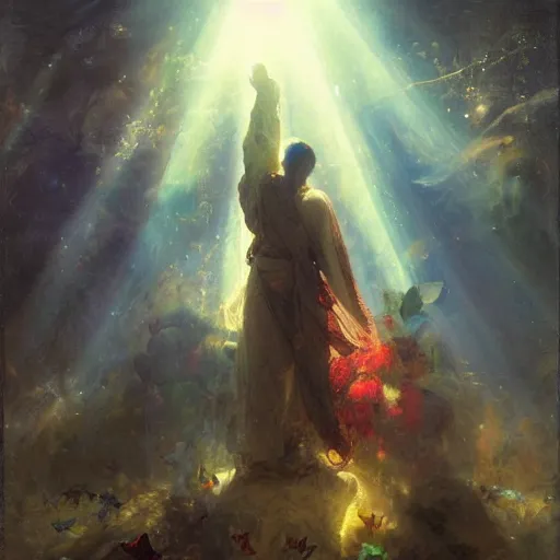 Prompt: man surrounded by butterflies, celestial light, divine, by ruan jia