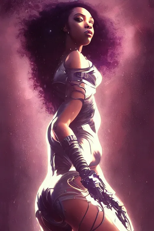 Image similar to very beautiful cyberpunk Normani as aeon flux profile picture by Greg Rutkowski, dynamic pose, intricate, futuristic, fantasy, elegant, by Stanley Artgerm Lau, greg rutkowski, thomas kindkade, alphonse mucha, loish, norman Rockwell, metal chrome, shiny, rainy background, asymmetric, long afro hair,