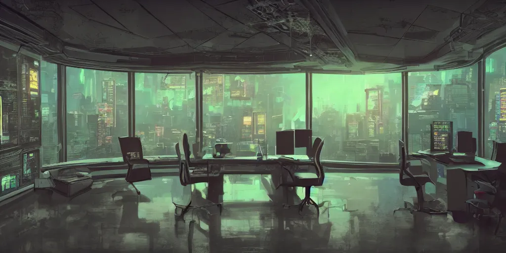 Image similar to interior shot of a neon office cinematic shot with windows overlooking a nuclear explosion cyberpunk, hyper detailed, artstation, 8k