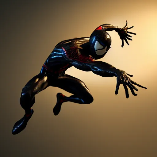 Image similar to a single venom and spider - man hybrid, dslr, cinematic, volumetric lighting, 8 k resolution, photorealistic