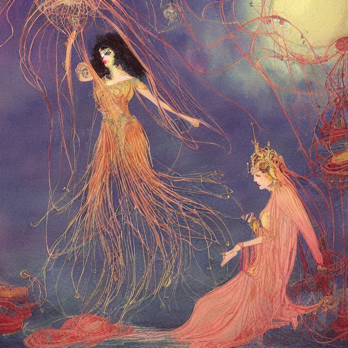 Prompt: a beautiful painting of the jellyfish empress by warwick goble