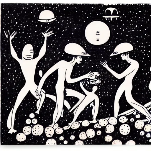 Image similar to ufo invades earth, watercolour painting by Aubrey Beardsley