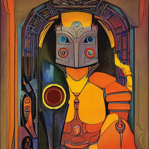 Prompt: the enemy in her robot mask is at the door, by annie swynnerton and kit williams and diego rivera and leo and diane dillon and nicholas roerich, symbolist, dramatic lighting, elaborate geometric ornament, art brut, god rays, soft cool colors, smooth, sharp focus, extremely detailed