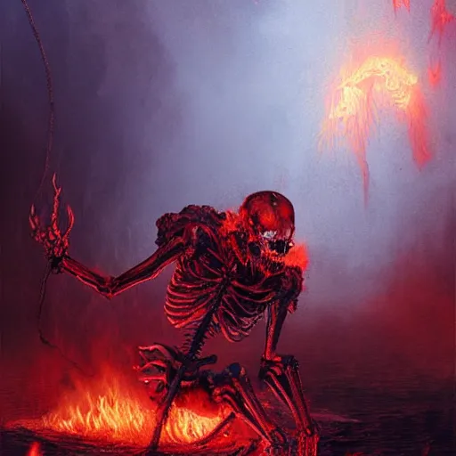 Prompt: A skeleton demon in flames made of ethernet cables floating above a lake of fire in Hell, small crosses floating in the background, by Greg Rutkowski