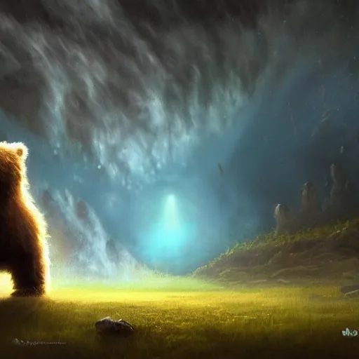 Prompt: cinematic shot of a fluffy bear wanting a hug rainny casper david friedrich raphael lacoste vladimir kush leis royo bruce pennington volumetric light effect broad light oil painting painting fantasy art style sci - fi art style realism artwork unreal engine