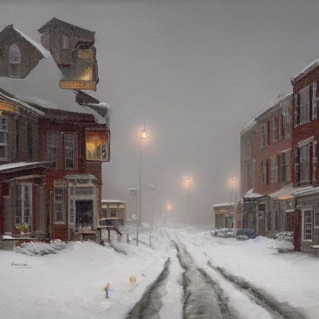 Image similar to a beautiful painting of a small new england town engulfed in a noreaster blizzard by rutkowski and rockwell, detailed, art gallery quality, cinematic lighting