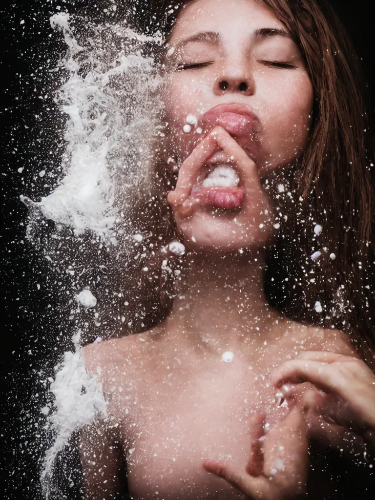 Prompt: Analog photographic portrait with 50 mm lens and f/12.0 of a 25 years old woman with her eyes closed and spurting from her mouth a white viscous fluid floating in the air. With a slight variation of light in the liquid and gesture.