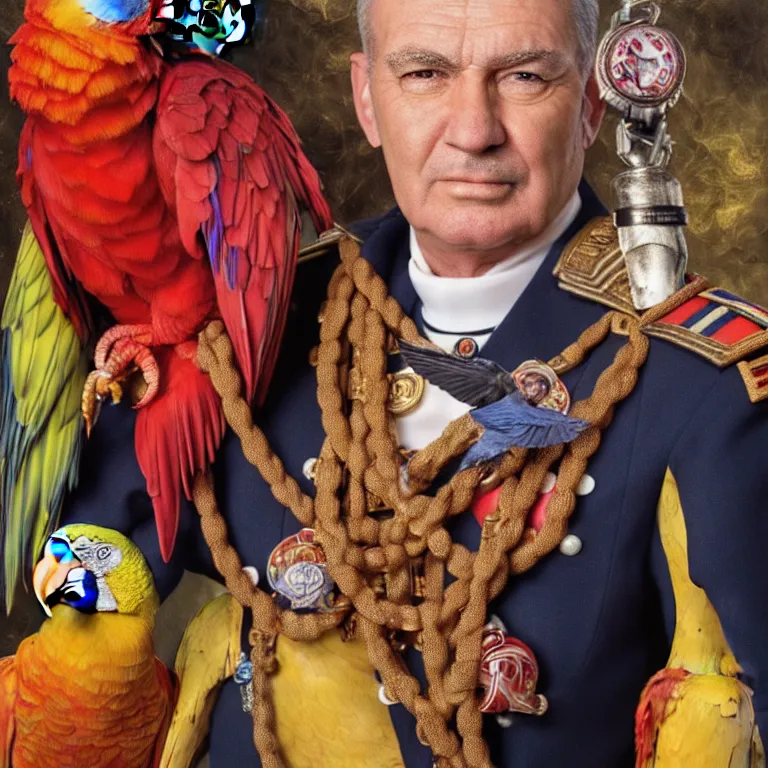 Image similar to close - up octane render portrait by wayne barlow and carlo crivelli and glenn fabry, an extremely elegant bold stern well - dressed admiral in a very powerful uniform, holding a colorful parrot, inside a colorful highly - themed nautical bar, very short depth of field, bokeh