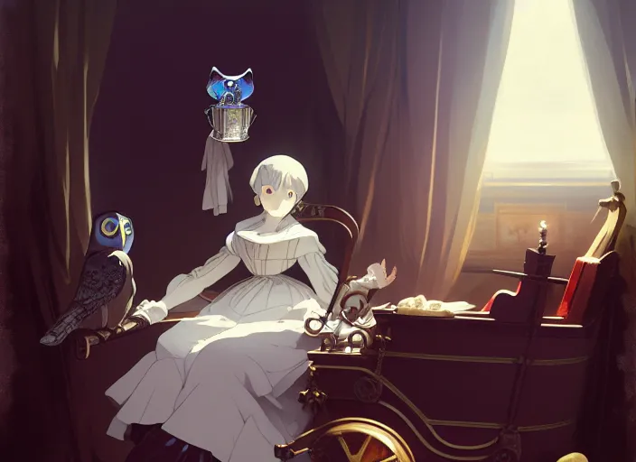 Prompt: victorian britain 1 8 3 5, florence nightingale travelling in a carriage with her pet owl in the pocket of her apron gapmoe yandere grimdark, trending on pixiv fanbox, painted by greg rutkowski makoto shinkai takashi takeuchi studio ghibli