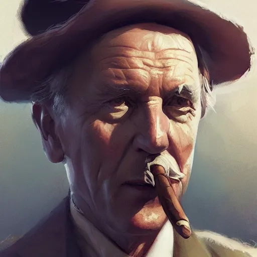 Image similar to a portrait of jack nicolson smoking a cigar, artstation greg rutkowski, cinematic, hyperrealist, digital art