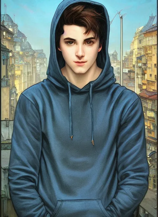 Image similar to handsome young man with short black hair, glowing light blue eyes, pale skin, wearing jeans and a black hoodie, detailed night time cityscape background, realistic painting by ross tran and gerald brom and alphonse mucha, ilya kuvshinov, svetlana tigai, artgerm, trending on artstation