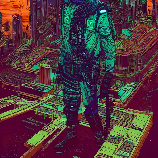 Image similar to stunningly intricate illustration of a cyberpunk explorer with active camo, highly detailed, midnight, by josan gonzalez, victo ngai, moebius, laurie greasley