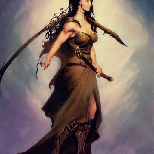 Image similar to elven princess character portrait by frank frazetta - wearing a dress, holding a staff, fantasy, dungeons & dragons, sharp focus, beautiful, artstation contest winner, detailed