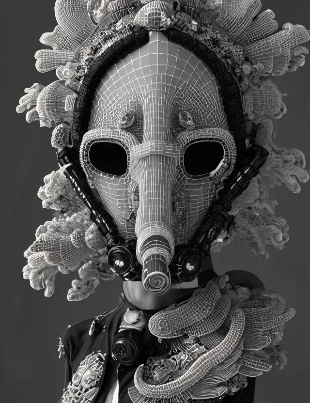 Image similar to 3 d goddess close - up profile punk portrait with vintage gas mask ram skull. beautiful intricately detailed japanese crow kitsune mask and clasical japanese kimono. betta fish, jellyfish phoenix, bio luminescent, plasma, ice, water, wind, creature, artwork by tooth wu and wlop and beeple and greg rutkowski