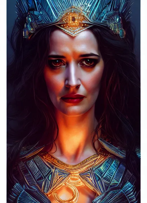 Image similar to eva green as amazon queen, intricate, elegant, glowing lights, highly detailed, digital painting, artstation, glamor pose, concept art, smooth, sharp focus, illustration, art by artgerm and greg rutkowski, artey freytag