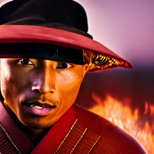 Image similar to cinematic film still Pharrell Williams starring as a Samurai holding fire, Japanese CGI, VFX, 2003, 40mm lens, shallow depth of field,film photography