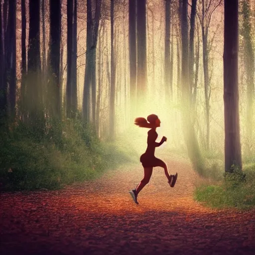 Image similar to a woman running, forest light, romanticism art style