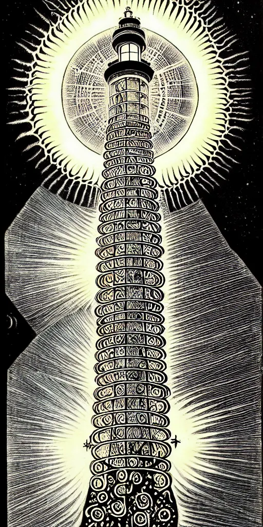 Image similar to an alchemical fiery lighthouse radiates a unique canto'as above so below'while being ignited by the spirit of haeckel and robert fludd, breakthrough is iminent, glory be to the magic within, in honor of saturn, painted by ronny khalil