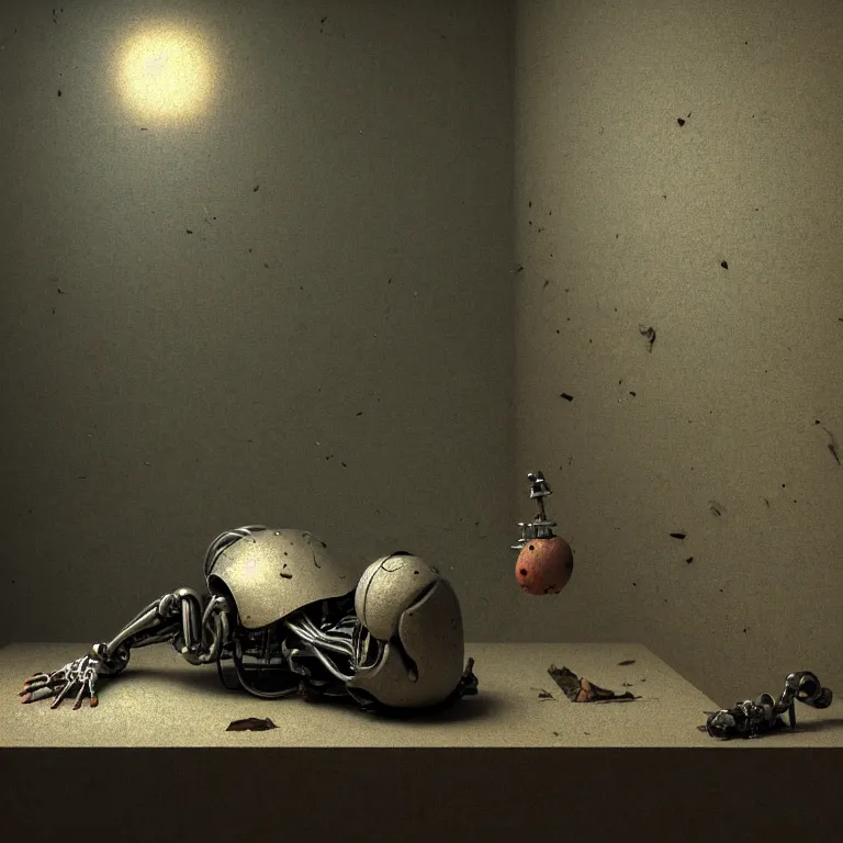 Image similar to still life of abandoned robot by hieronymus bosch, wide shot, soft glow bloom lucid dream - like ethereal atmosphere, baroque portrait painting, perfect composition, beautiful intricate detailed octane render trending on artstation, 8 k artistic photography, volumetric cinematic perfect light, chiaroscuro, masterpiece, raphael, caravaggio, rutkowski, beeple, beksinski