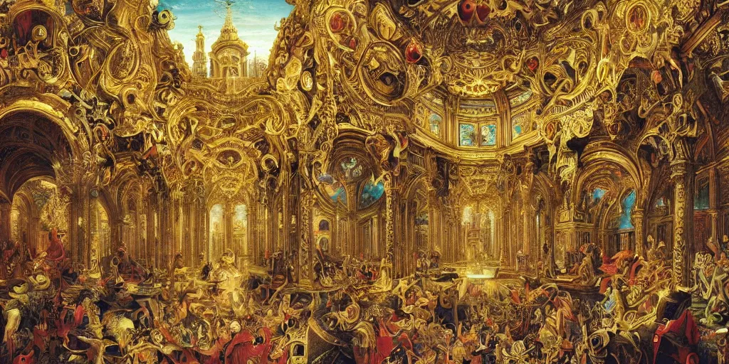 Image similar to beautiful!!!!! ornate heavenly!!!!!!!! gold rococo megastructure in the style of heironymus bosch, colorful intricate masterpiece, hyper detailed, hd