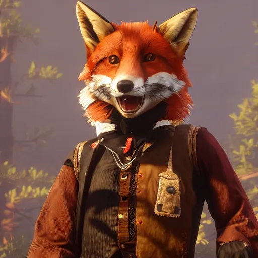 Image similar to video game screenshot of an anthropomorphic fox wearing western sheriff outfit as a character in red dead redemption 2