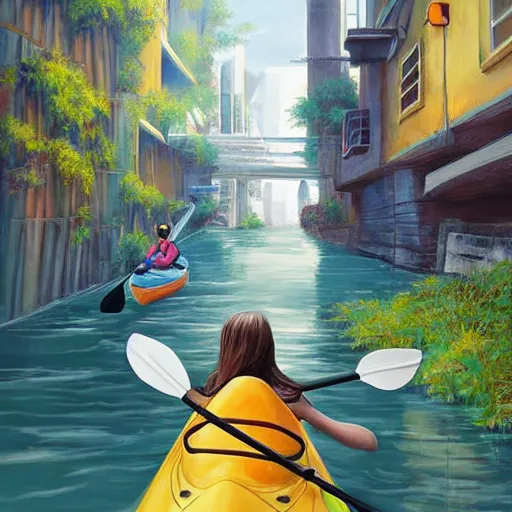 Image similar to Narrow cosy waterway with kayak in futuristic sci-fi city in harmony with nature. Nice colour scheme, soft warm colour. Beautiful detailed painting by Lurid. (2022)