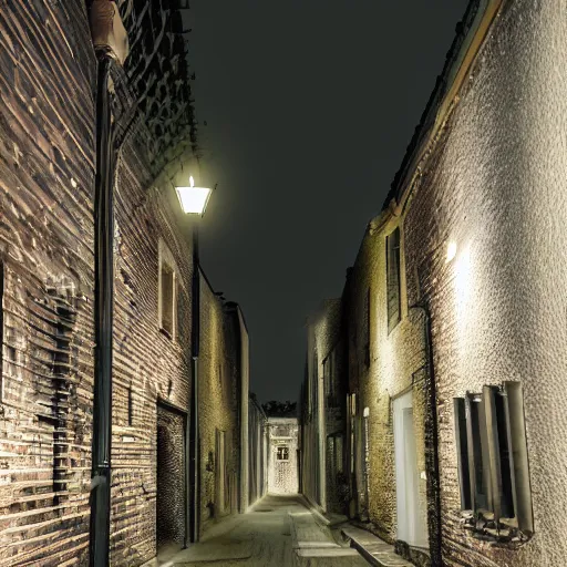 Image similar to detailed realistic photo of an alley at night, low angle