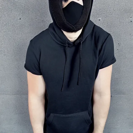 Image similar to a full body shot of an attractive man in a hoodie, covering his face with a black aesthetic mask