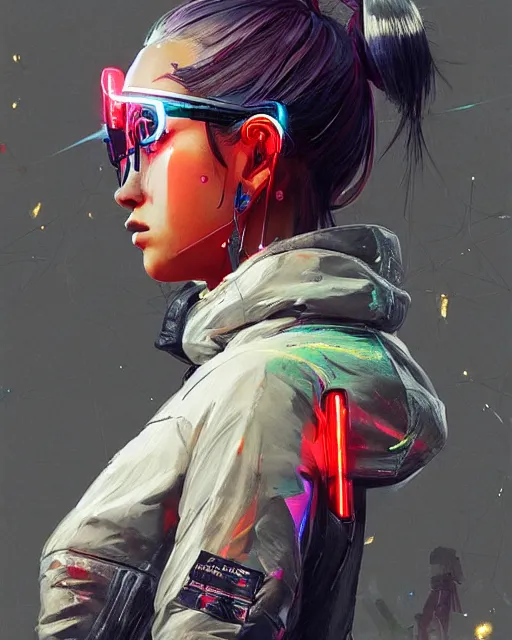 Image similar to detailed side profile portrait Neon Operator Girl, cyberpunk futuristic neon, reflective puffy coat, decorated with traditional Japanese ornaments by Ismail inceoglu dragan bibin hans thoma greg rutkowski Alexandros Pyromallis Nekro Rene Maritte Illustrated, Perfect face, fine details, realistic shaded, fine-face, pretty face