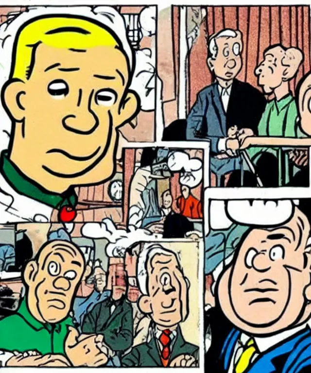 Prompt: a hand-drawn character from Tintin looking like Benjamin Netanyahu, Comics, Hergé
