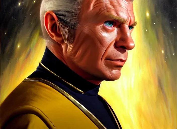 Prompt: portrait shot of a evil captain kirk in star trek, realistic, professionally, professionally color graded, intricate, elegant, highly detailed, centered, digital painting, artstation, concept art, smooth, sharp focus, illustration, artgerm, tomasz alen kopera, peter mohrbacher, donato giancola, joseph christian leyendecker, wlop, boris vallejo