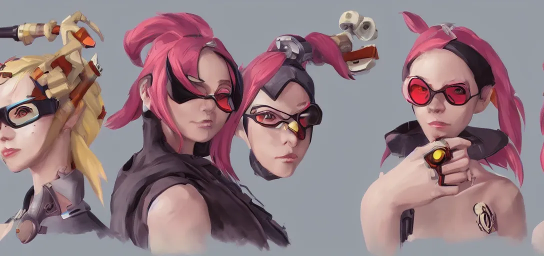 Image similar to concept art of female video game characters head designs, punk, disgaea, flcl, overwatch, by marc brunet and artgerm