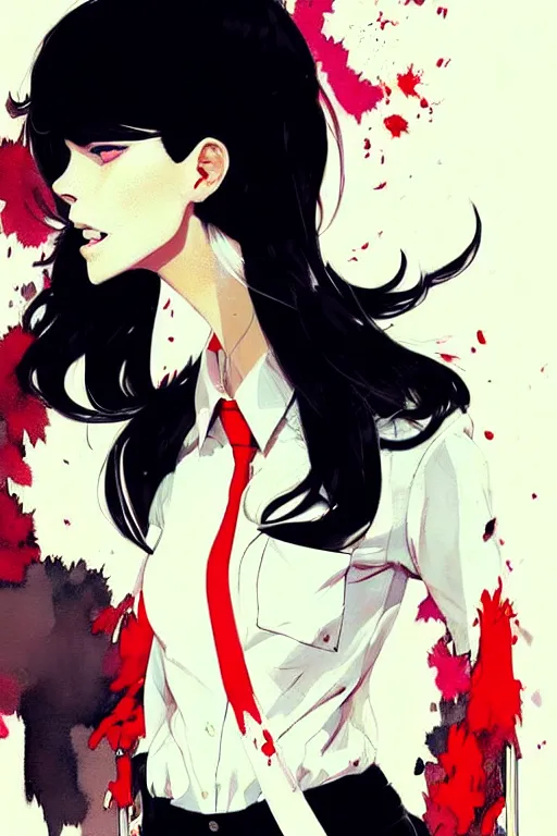 Image similar to a ultradetailed beautiful panting of a stylish woman wearing a shirt with a tie, she has black hair, by conrad roset, greg rutkowski and makoto shinkai, trending on artstation