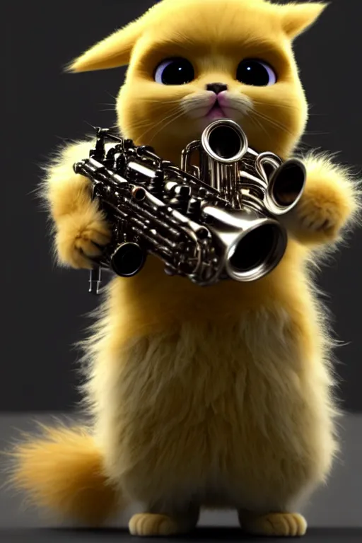 Image similar to high quality 3 d render very cute fluffy cyborg! cat plays saxophone, cyberpunk highly detailed, unreal engine cinematic smooth, in the style of blade runner & detective pikachu, hannah yata charlie immer, moody light, low angle, uhd 8 k, sharp focus