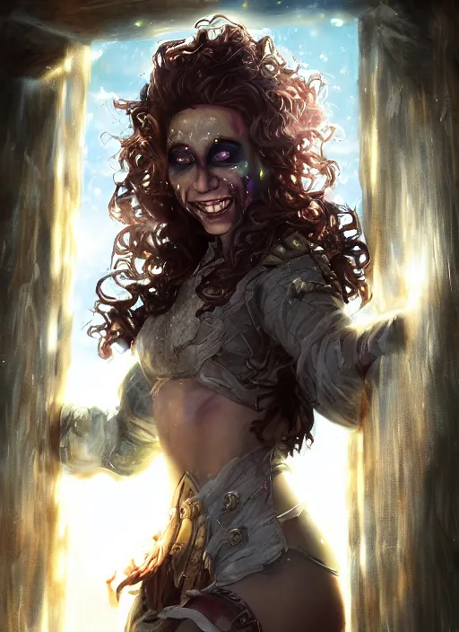 Prompt: an epic fantasy comic book style portrait painting of a girl wearing fantasy makeup with a mischievous smile and curly brown hair stepping out of a doorway with light shining behind her, unreal 5, daz, hyperrealistic, octane render, cosplay, rpg portrait, dynamic lighting