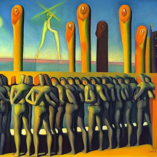 Prompt: cult ritual, human subjugation, mind control, dystopian, pj crook, edward hopper, oil on canvas