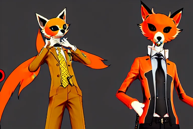 Image similar to in the persona 5 : royal ( by atlus ) video game casino level, a furry male sand - colored tan fox fursona ( has orange hair ), persona 5 phantom thief style