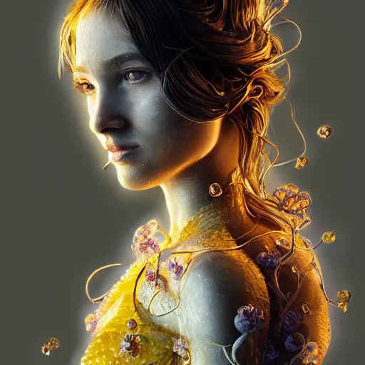 Image similar to the portrait of an absurdly beautiful, graceful, elegant, sophisticated, young teen girl made up of lemons looking up, an ultrafine hyperdetailed illustration by kim jung gi, irakli nadar, intricate linework, bright colors, octopath traveler, final fantasy, unreal engine 5 highly rendered, global illumination, radiant light, detailed and intricate environment