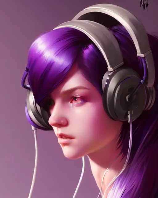 Prompt: stunningly beautiful purple haired female with headphones at home studio streaming games late at night, very detailed, 4 k, concept art like ernest khalimov, intricate details, highly detailed by greg rutkowski, ilya kuvshinov, gaston bussiere, craig mullins, simon bisley, backlit