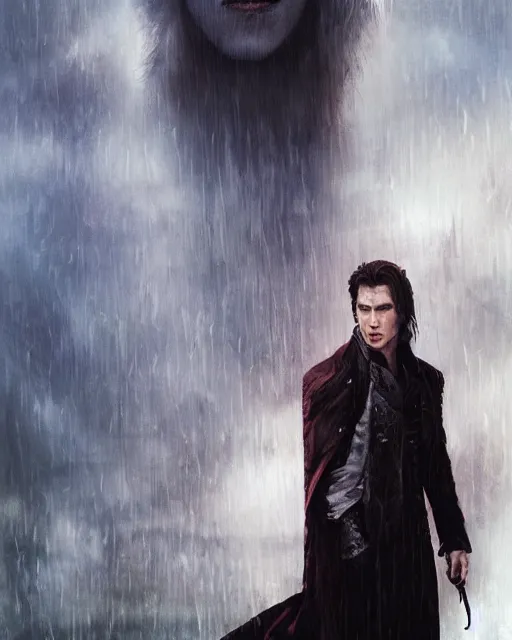Image similar to alternate cover art for the movie interview with a vampire starring a long haired blonde tom cruise as lestat de lioncourt portrait, face centered portrait, confident, unused design, nightmare world, fog, rain, volumetric lighting, realistic illustration, perfectly shaded, soft painting, art by krenz cushart and wenjun lin