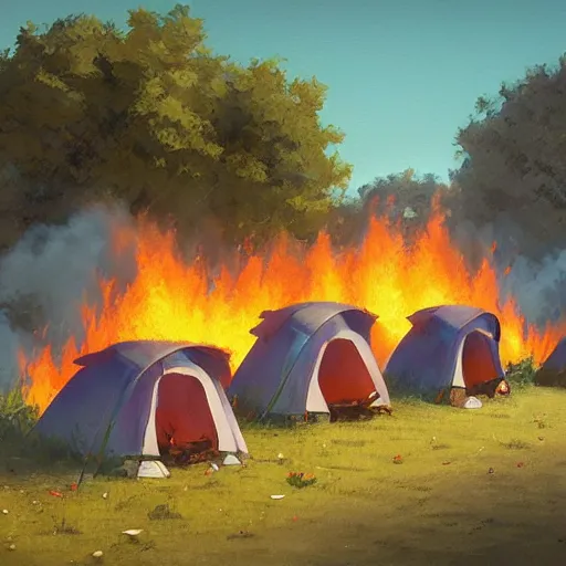 Image similar to a camp with tents on fire, burning down, shadows of girls watching the camp burn, painted by Sylvain Sarrailh