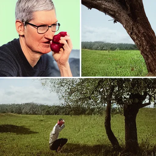 Image similar to tim cook eating an apple below an apple tree, cinematic digital art