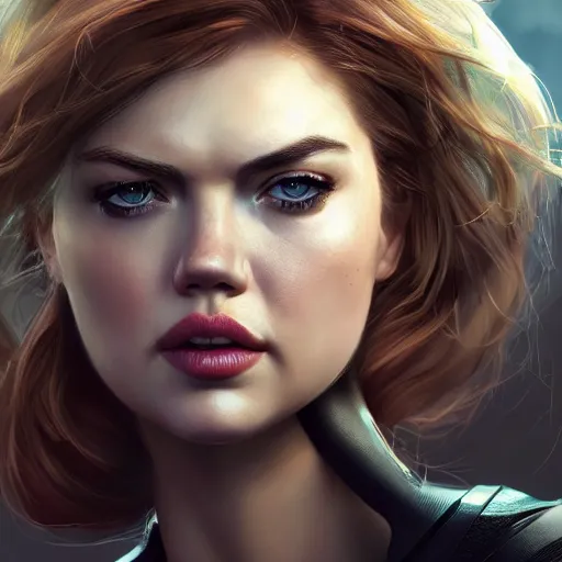 Image similar to kate upton as black widow, au naturel, hyper detailed, digital art, trending in artstation, cinematic lighting, studio quality, smooth render, unreal engine 5 rendered, octane rendered, art style by klimt and nixeu and ian sprigger and wlop and krenz cushart