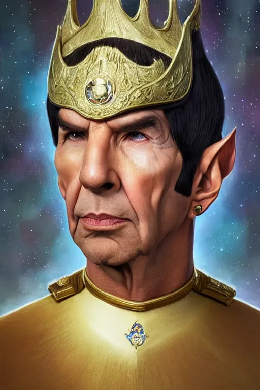 Image similar to photorealistic portrait photograph of spock as a glorious regal space king, sleek outfit, upper body, fantasy, handsome, depth of field, soft focus, highly detailed, intricate, realistic, national geographic cover, soft glow, textured, artstation, concept art, sharp focus, illustration, art by artgerm and greg rutkowski and alphonse mucha