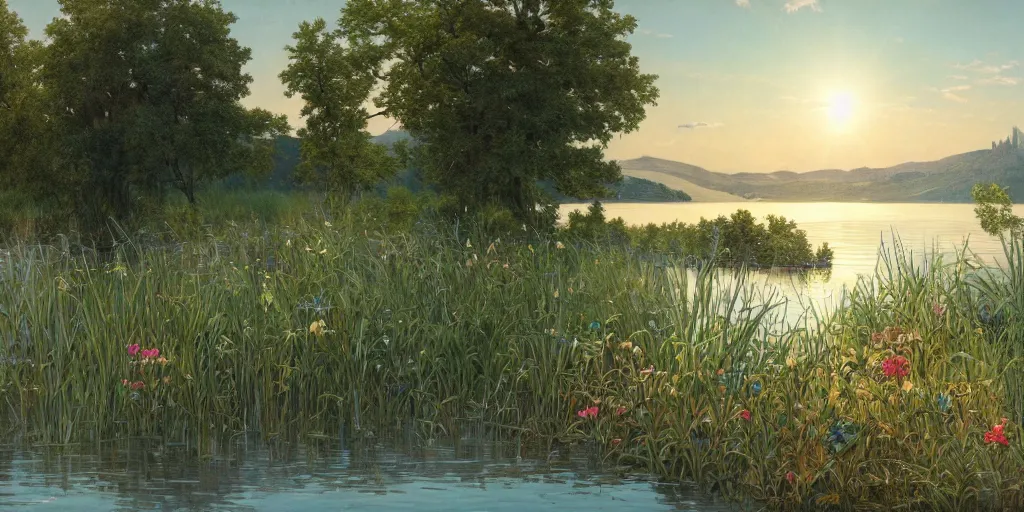 Prompt: a beautiful lake landscape in summer, romantic ambiente, boat on lake in the far distance, no people, tall grown reed on riverbank, no mountains, clear sky, sunshine, colorful, by Mohrbacher and Moebius and Alphonse Mucha and Roger Deakins, cinematic lighting, masterpiece, highly detailed, 8k resolution, trending on art station