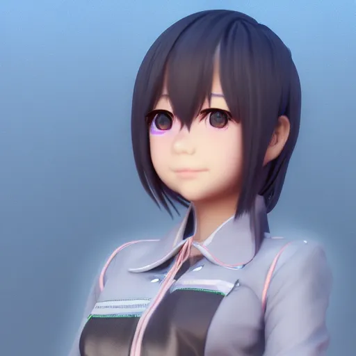 Image similar to Render of 3d anime character mugi, soft smile, medium shot, mid-shot, hyperdetailed, trending on Artstation, Unreal Engine 4k